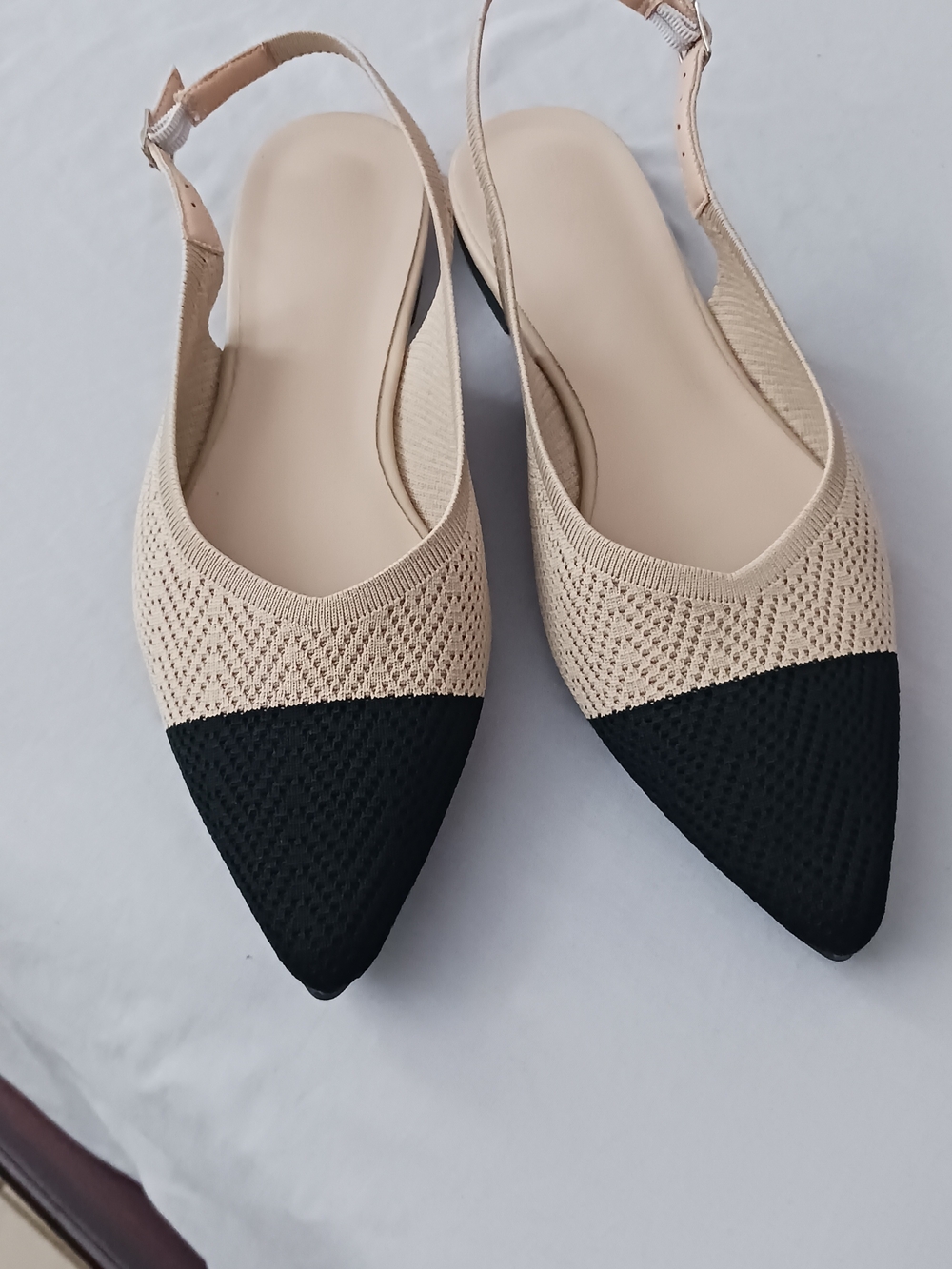 Beige and Black Knit Slingback Flats